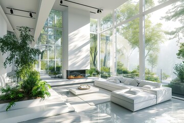 Modern white interior design with fireplace and beautiful backyard view 3D Rendering, 3D Illustration