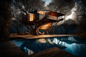Fototapeta na wymiar An artistic perspective of a tree house with swimming pool during twilight, where the play of light and shadow paints a captivating tableau