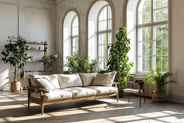 Modern Minimal clean clear contemporary living room home interior design daylight background,beige white sofa couch in living room daylight from window freshness moment mock up interior