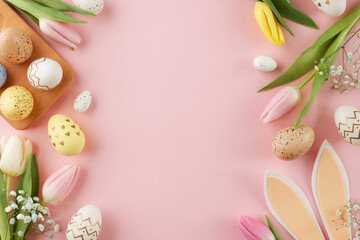 Happy easter concept. Top view flat lay of painted eggs, fresh flowers, easter bunny ears on pastel pink background with advertisement zone
