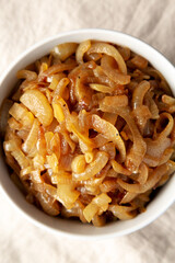 Organic Caramelized Onions in a Bowl, top view.