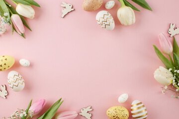Decorate for a joyous Easter. Top view composition of colorful eggs, fresh tulips, cute easter bunnies on light pink background with ad panel - obrazy, fototapety, plakaty