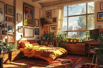 Modern youth dorm room with typical decoration and furniture as digital illustration