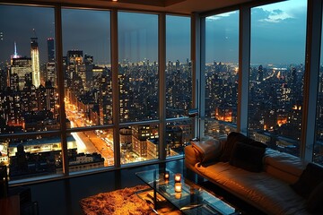 Fototapeta na wymiar New York apartment at night with a city view