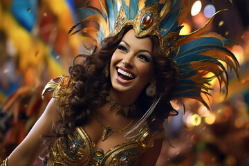 Happy laghing woman in carnival costumes and feather crown at chic carnival against background of bokeh and fireworks. Rio carnival festive concept
