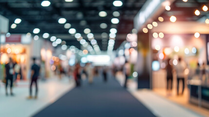 A bustling trade show floor with exhibitor booths, business conference, blurred background, with copy space - obrazy, fototapety, plakaty