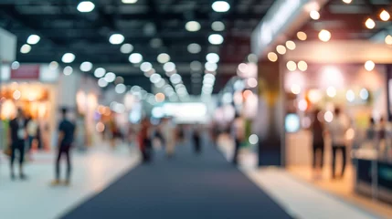 Fotobehang A bustling trade show floor with exhibitor booths, business conference, blurred background, with copy space © Катерина Євтехова