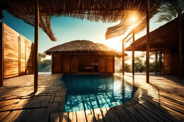 An artistic view of a hut with swimming pool, focusing on the play of light and shadow during a sunny day.