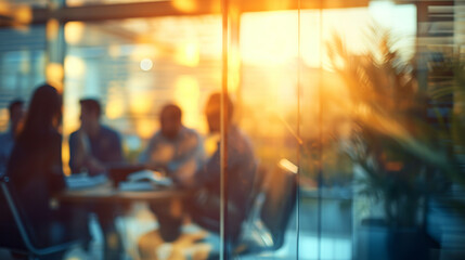 A group of professionals brainstorming in a breakout session, business conference, blurred background, with copy space