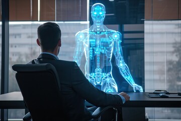 A businessman uses an AI assistant to analyze work processes. Artificial intelligence, GPT chat, assistant bot and machine learning concept. AI in the form of a hologram of an anthropomorphic robot.