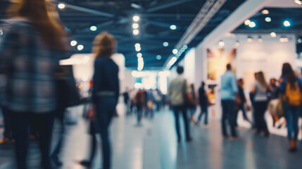 Attendees exploring a product showcase, business conference, blurred background, with copy space