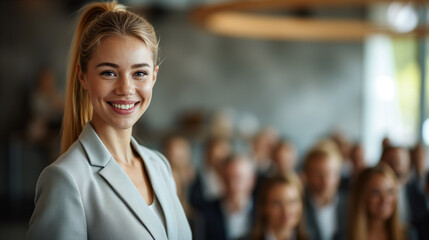 Porträt. Selbstbewusste, lächelnde Business Frau mit positiver Ausstrahlung vor einem Publikum im unscharfen Hintergrund 