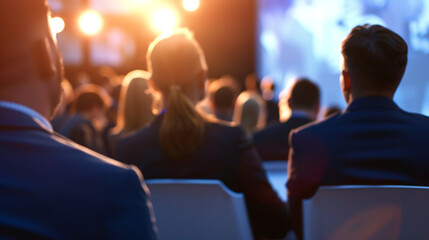 A speaker panel engaging in a lively discussion, business conference, blurred background, with copy space
