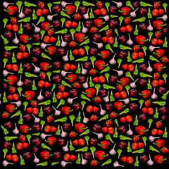 Healthy plant food seamless pattern. Lettuce, onion, tomatoes, garlic, pepper. Black background.