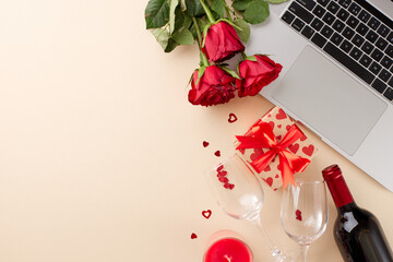 Online ideas for Valentine's day gifting. Top view photo of laptop, present, red roses, wine bottle, wine glass, candle, hearts on beige background with advert area