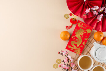 Embracing the cultural wealth of the chinese New Year tea ceremony tradition. Top view shot of tea crockery, money envelope, tangerines, traditional chinese decor on beige background with promo area