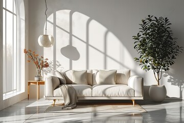Scandinavian-themed illustration of a white living room featuring a sofa.
