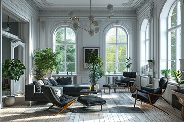Scandinavian living room 3d render.There are white wooden floor.Furnished with black furniture.