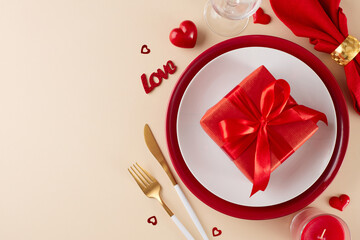 Heartfelt Valentine's Day dining affair. Top view flat lay of plates, cutlery, hearts, present, wine glass, red napkin, candle on beige background with advert area