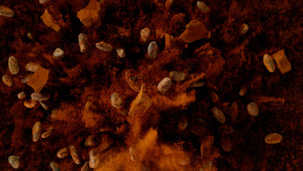Freeze motion of pieces of chocolate chunks and raw cocoa beans exploding. Top view.