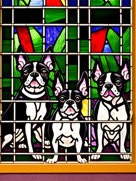 Boston Terriers In Stained Glass