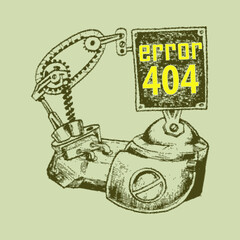error 404 illustration hand draw of engine and text style on light green background