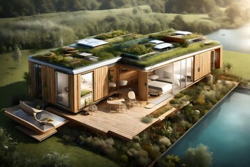 An ecological concept of a mobile home with swimming pool, emphasizing sustainable materials, green roofs, and a natural filtration pool system - obrazy, fototapety, plakaty