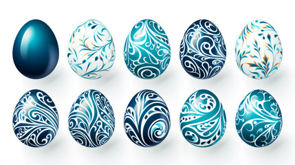 Easter eggs painted in Calming Rhythms style on a white background, designs include swirls and floral motifs that are elegantly detailed, intricate pattern in varying shades of blue and white on eggs