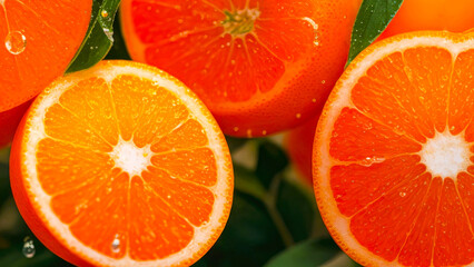 Oranges with water drops. Banner with ripe citrus fruit close up. Orange fruits cut texture