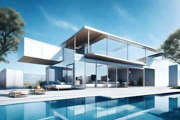 Fototapeta premium An innovative design of a mobile home with swimming pool on its rooftop, capturing the elegance of minimalism against a clear blue sky backdrop