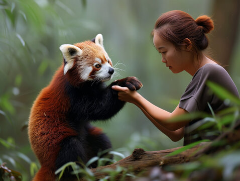 A Photo of a Woman Playing with a Red Panda in Nature