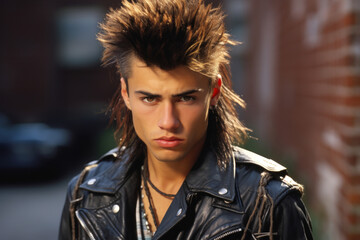 A young man with a punk hairstyle and a black leather jacket, the new nostalgia 1990s, photo is perfect for conveying a sense of edginess, rebellion, and youth culture 90s