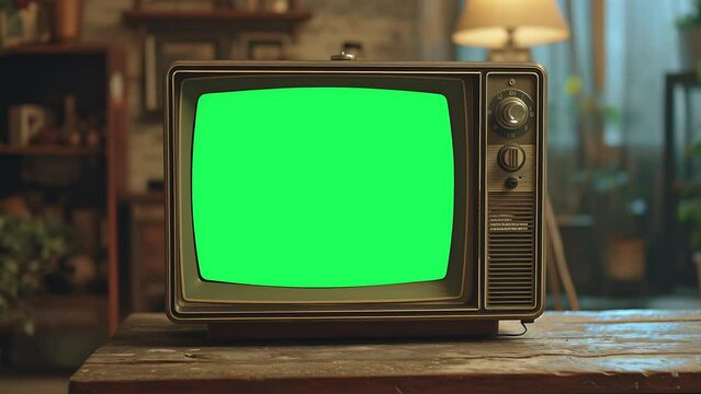 Retro Tv set With Green screen Background and Static Effect, 4k