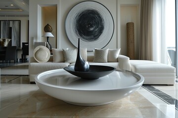 The stylish room features a contemporary, circular coffee table in a white color, adorned with a decorative black sculpture and bowl. The room showcases a beige sofa, complemented by a sleek black