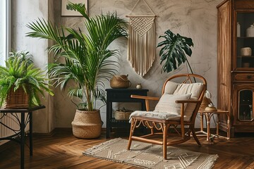 The living room has a modern and sleek design with a rattan armchair, a black coffee table, a tropical plant in a basket, a beige macrame hanging on the wall, and classy decorative items.