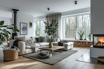 This minimalist, scandinavian-inspired living room interior radiates a tranquil atmosphere, with its cozy couch and stylish coffee table providing a modern, yet inviting aesthetic