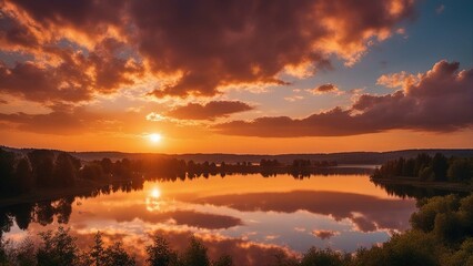 Obraz premium sunset over the lake a sunset over a lake with trees and clouds