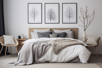Fototapeta na wymiar Stylish white and grey colour bedroom interior design scandinavian minimal style.