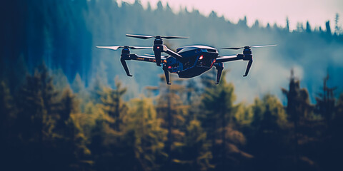 Battle testing reconnaissance drone aerial system flying over forest area. UAV surveillance modern platform