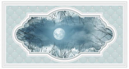 Classic style stretch ceiling model. Night sky and shining full moon. 3D decorative frame. Ceiling...
