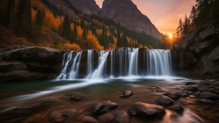 waterfall in autumn waterfalls nature landscape in mountains sunset motion blur effect with green trees and orange 
