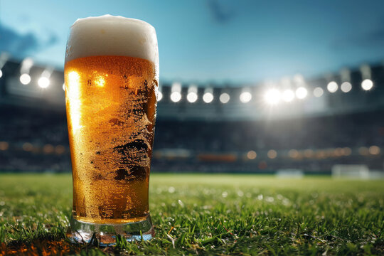 Glass of beer on the football field with stadium lights in the background