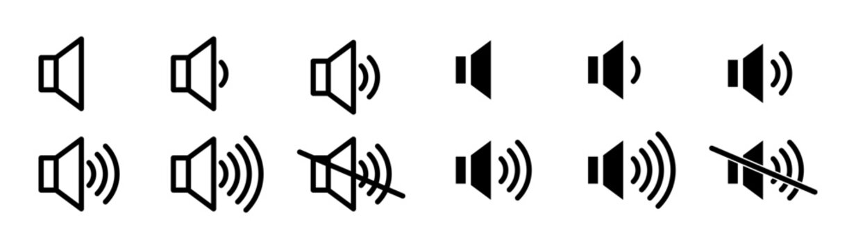 Speaker Volume vector illustration set. Mute and silent audio broadcast noise sign suitable for apps and websites UI design style.