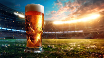 Glass of beer on a football field with lights on background