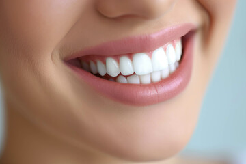 Perfect healthy teeth smile of a young woman. Teeth whitening. Dental clinic patient. Stomatology concept.