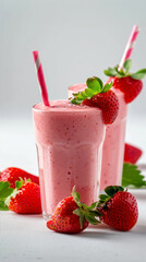 Strawberry milkshake with fresh berries on a white background