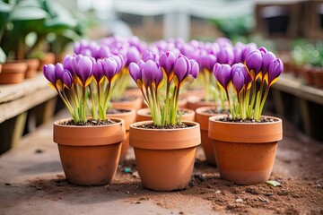 Purple crocuses spring flowers are planted in clay pots. Displayed in a flower shop or greenhouse