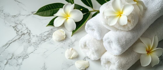 Spa salon or resort. Composition of white terry towels and plumeria flowers on a marble tabletop. An atmosphere of calm and relaxation. Aromatherapy - obrazy, fototapety, plakaty