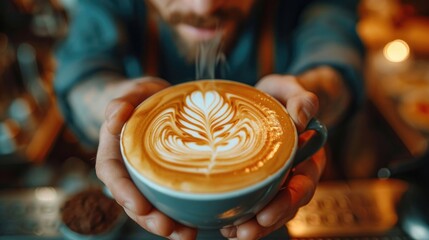 Artisan Coffee Pour Unwind: Barista's Skillful Latte Art Pour in Hip Coffee Shop with Focus on Milk Swirl
