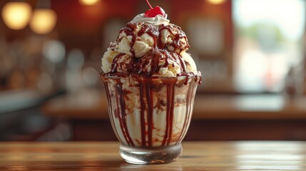 Gourmet Ice Cream Sundae Unwind: Decadent Multiple Scoop Sundae with Hot Fudge, Whipped Cream, Cherry in Retro Parlor